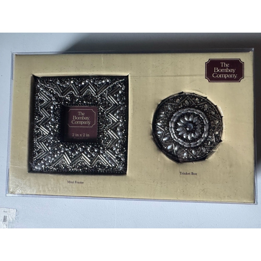 The Bombay Company Beaded Mini Photo Frame & Trinket Box Set Vintage NIB Gift